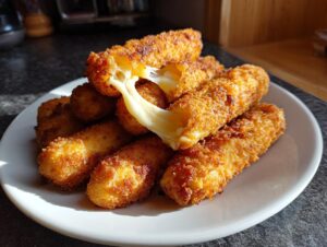 A plate of golden-brown, crispy mozzarella sticks with a gooey cheese pull from one of the sticks.