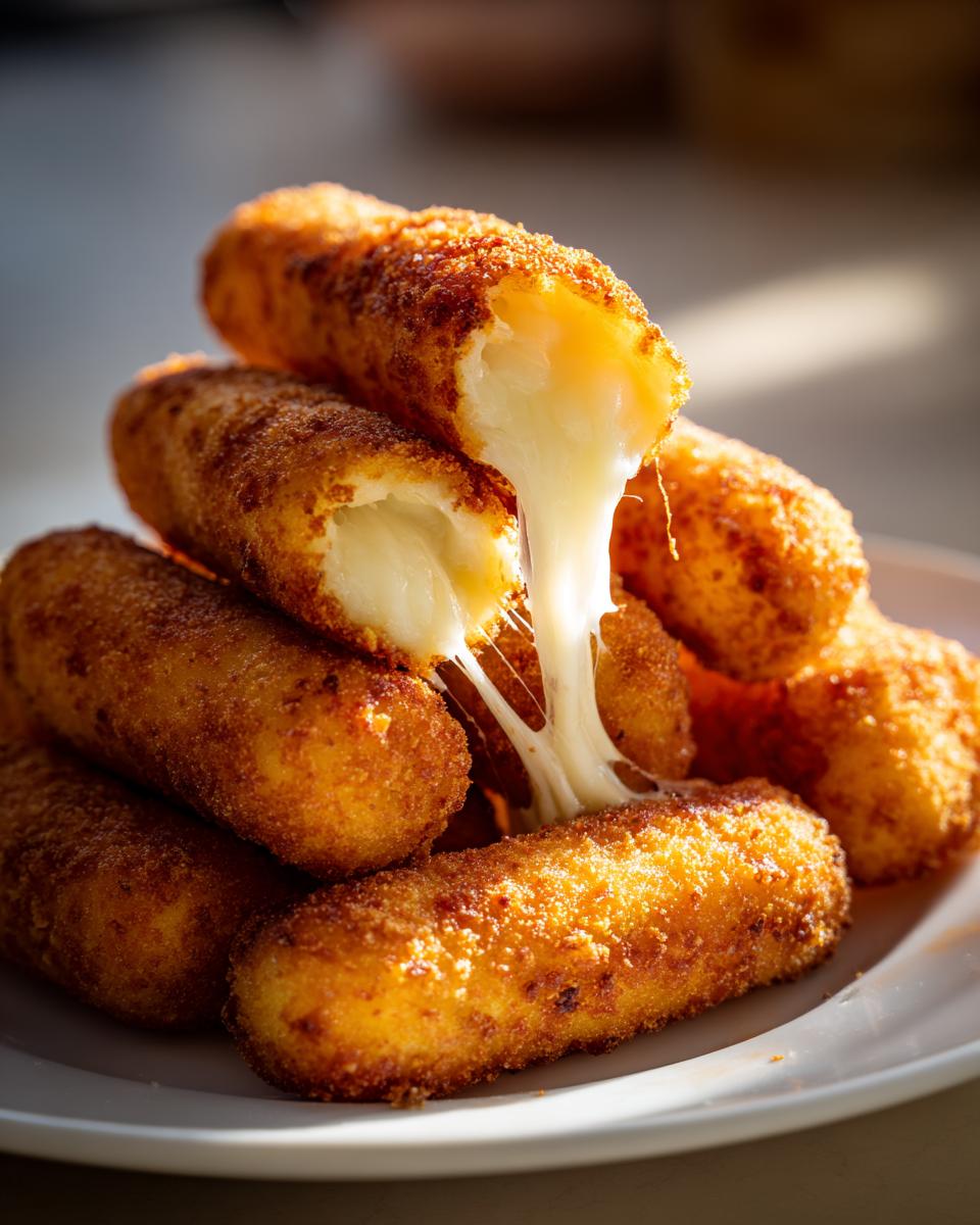 Golden brown mozzarella sticks piled on a white plate, with one broken open showing a long, gooey cheese pull.