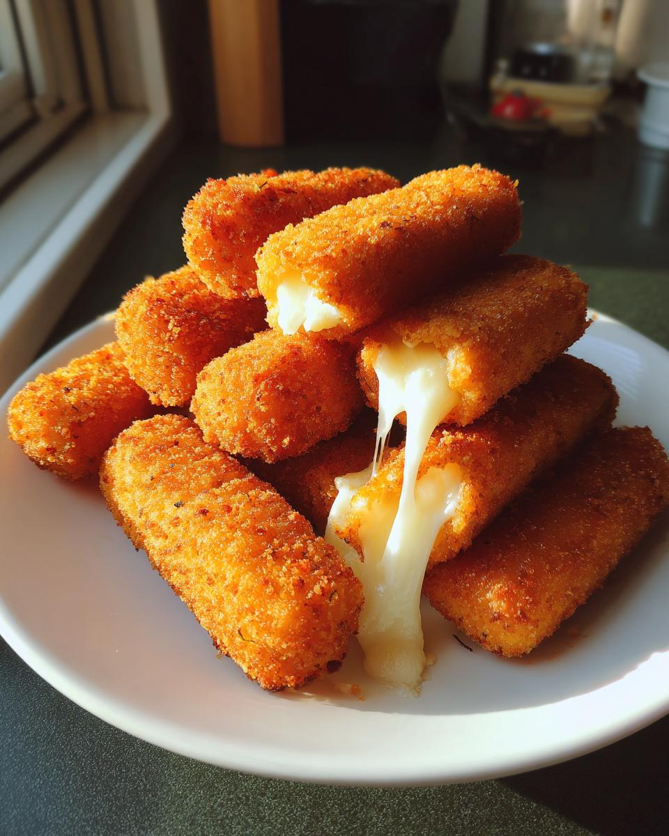 A pile of golden brown mozzarella sticks on a white plate, with one broken open showing a gooey, stretchy cheese pull.