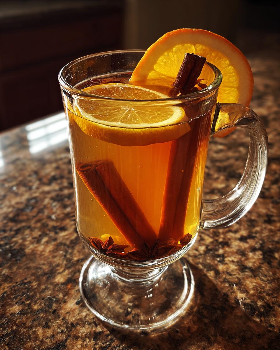 A clear glass mug filled with warm mulled apple cider, garnished with orange slices, cinnamon sticks, and star anise.