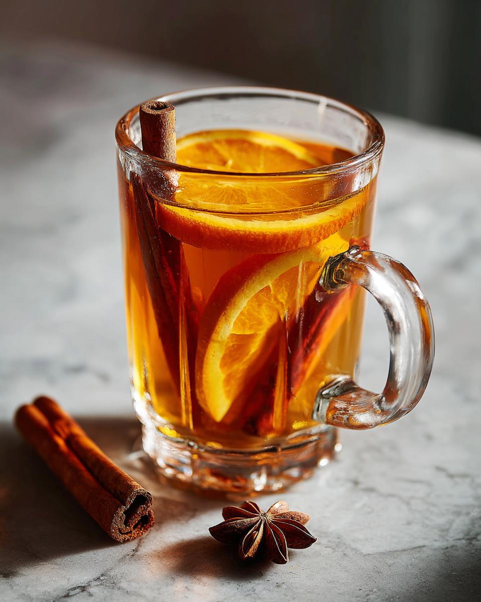 A clear glass mug filled with warm mulled apple cider, garnished with orange slices, cinnamon sticks, and star anise.