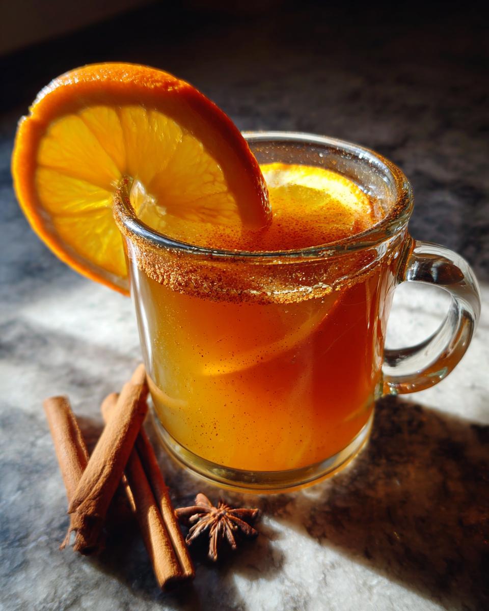 A cozy mug of warm mulled apple cider, garnished with an orange slice and cinnamon stick.
