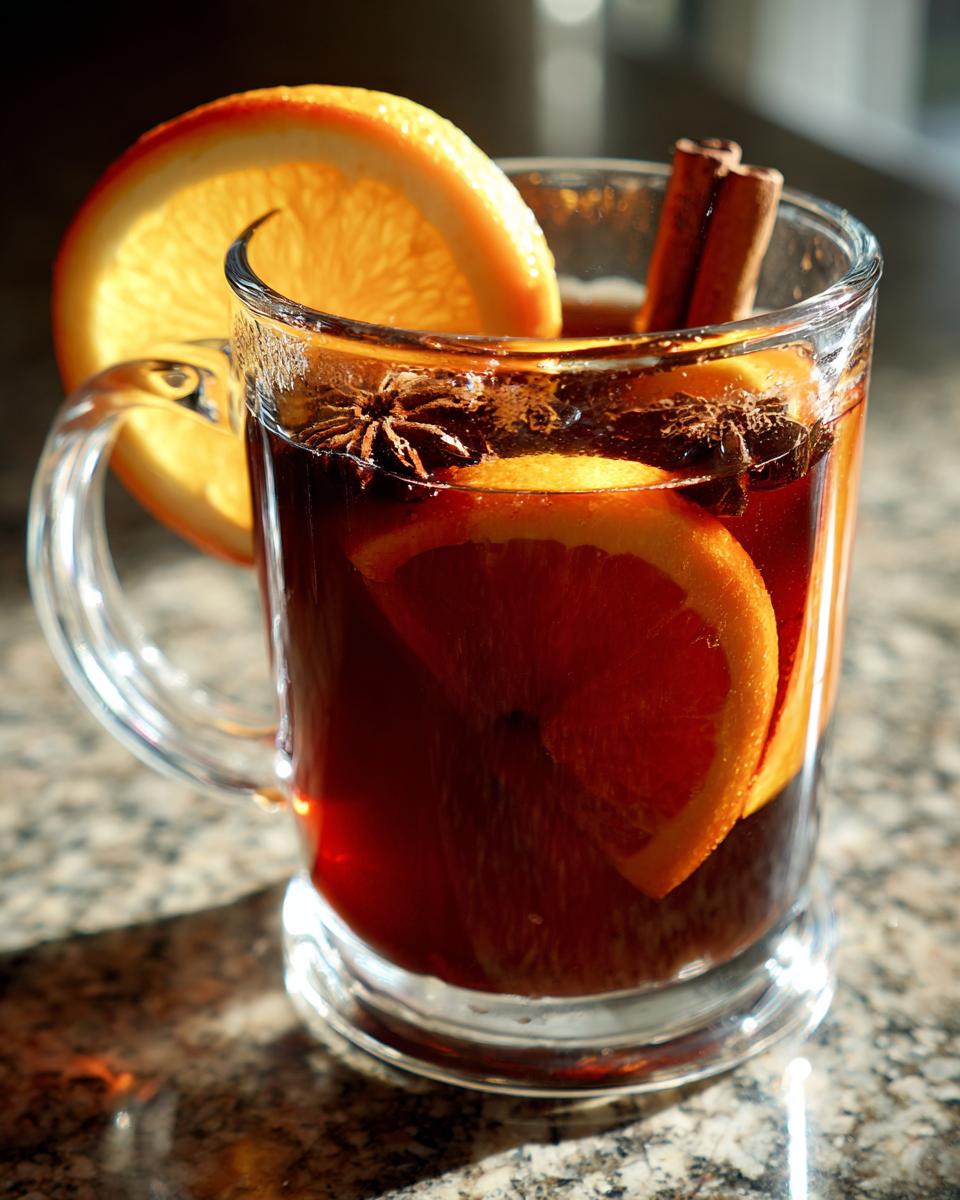 A close-up of warm mulled apple cider in a glass mug, garnished with orange slices, star anise, and a cinnamon stick.
