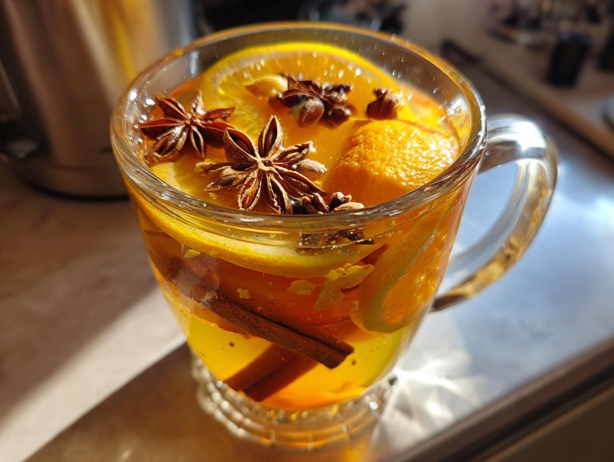 A clear glass mug filled with warm mulled apple cider, featuring orange slices, cinnamon sticks, star anise, and cloves.