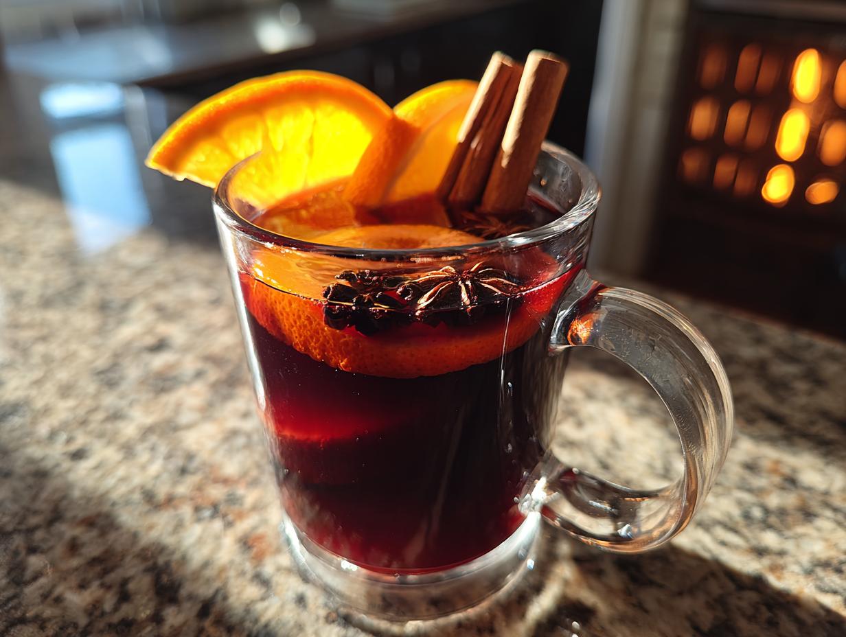 A warm mug of mulled wine garnished with orange slices, cinnamon sticks, and star anise.