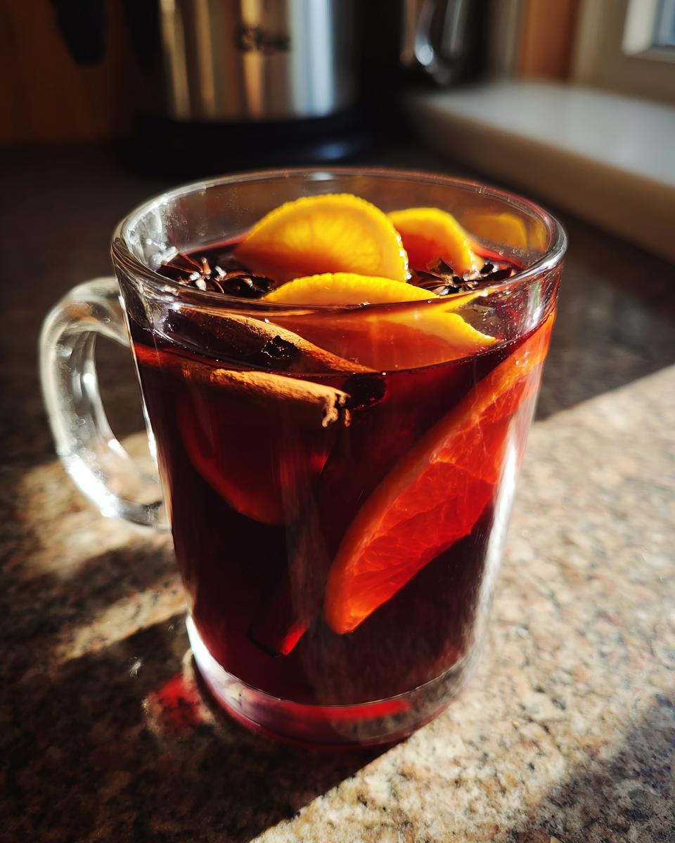 A clear mug filled with warm mulled wine, garnished with orange slices, cinnamon sticks, and star anise.