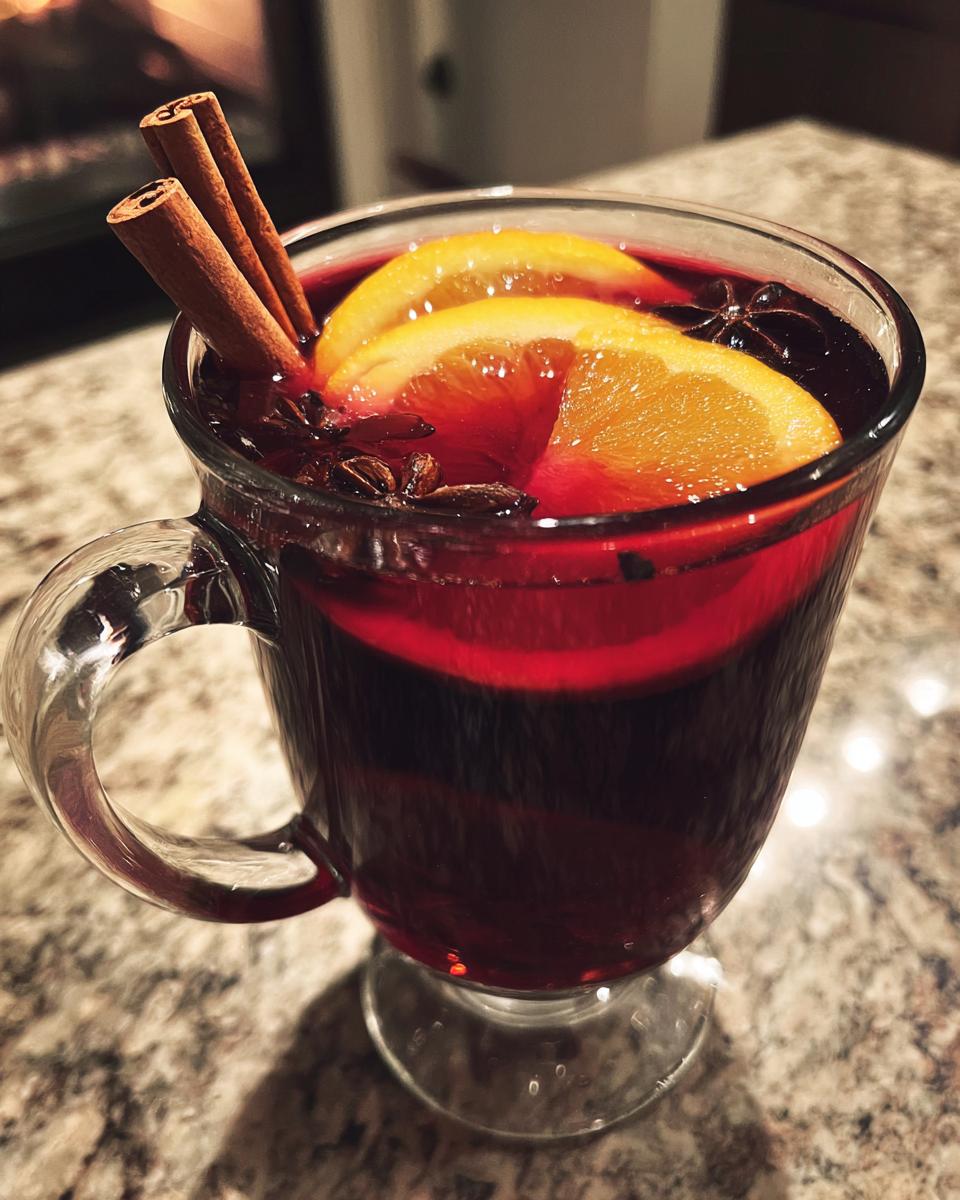 A clear glass mug filled with warm mulled wine, garnished with orange slices, cinnamon sticks, and star anise.