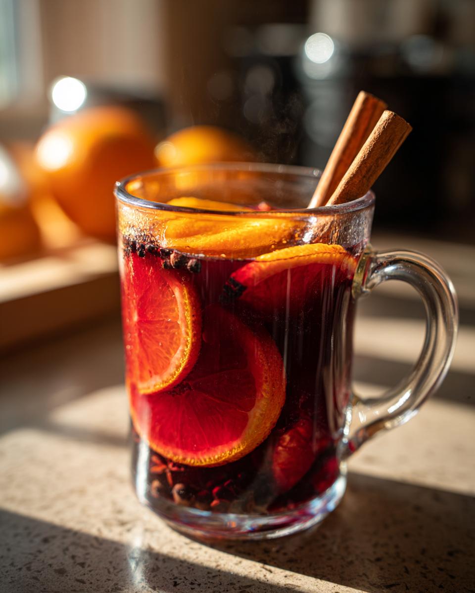 A close-up of a glass mug filled with steaming mulled wine, garnished with orange slices and cinnamon sticks.