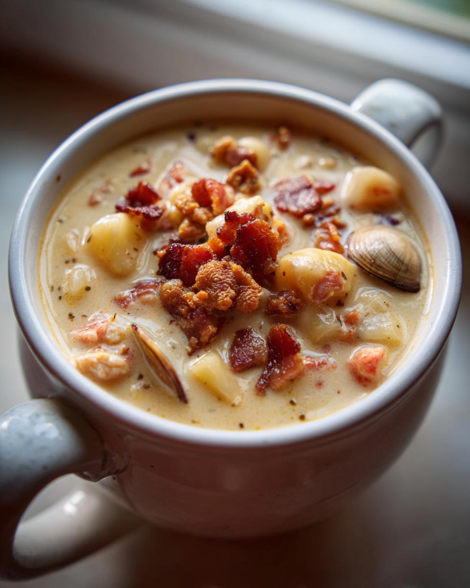 A close-up of a bowl of New England Clam Chowder topped with crispy bacon and whole clams.