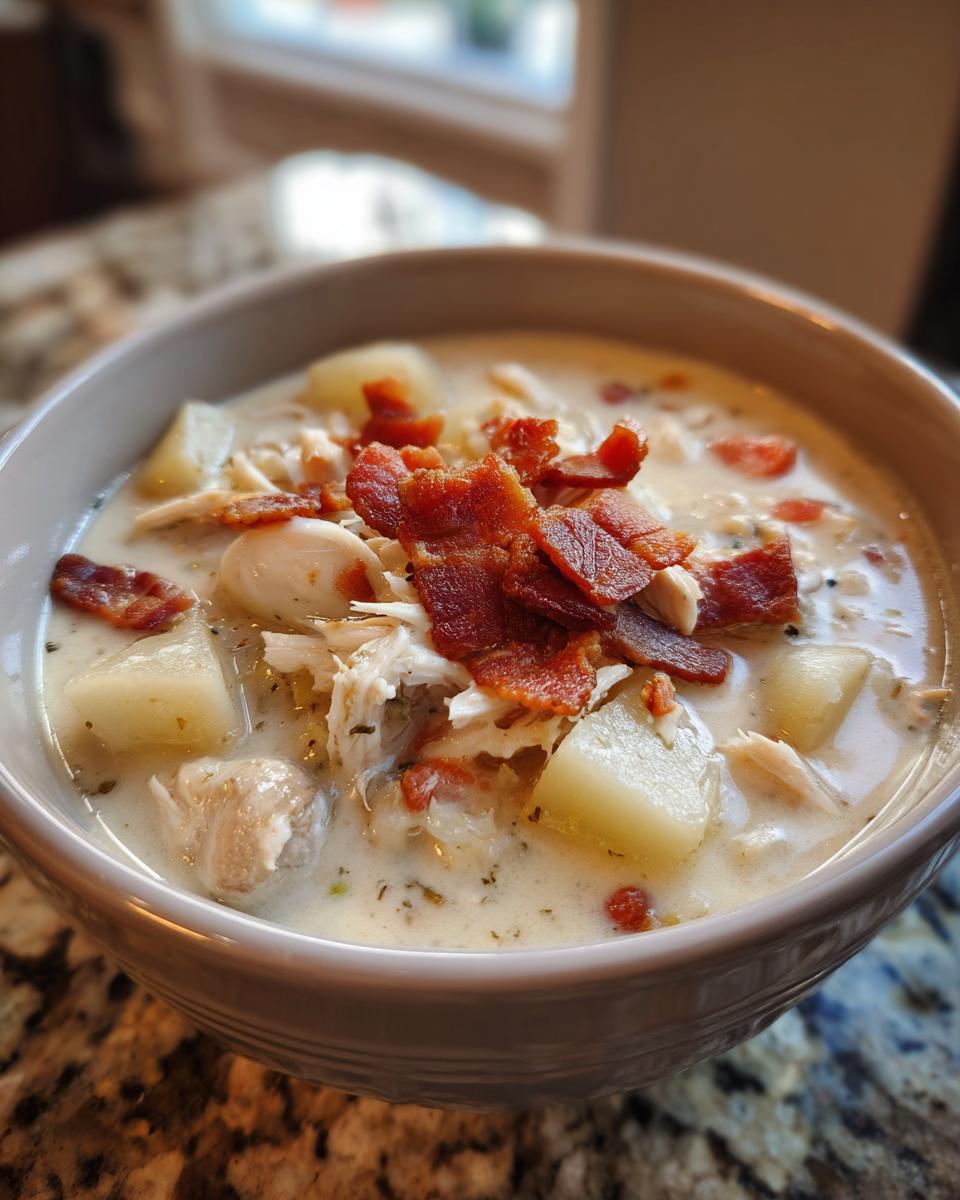 A close-up of a bowl of creamy New England Clam Chowder topped with crispy bacon bits and shredded chicken.