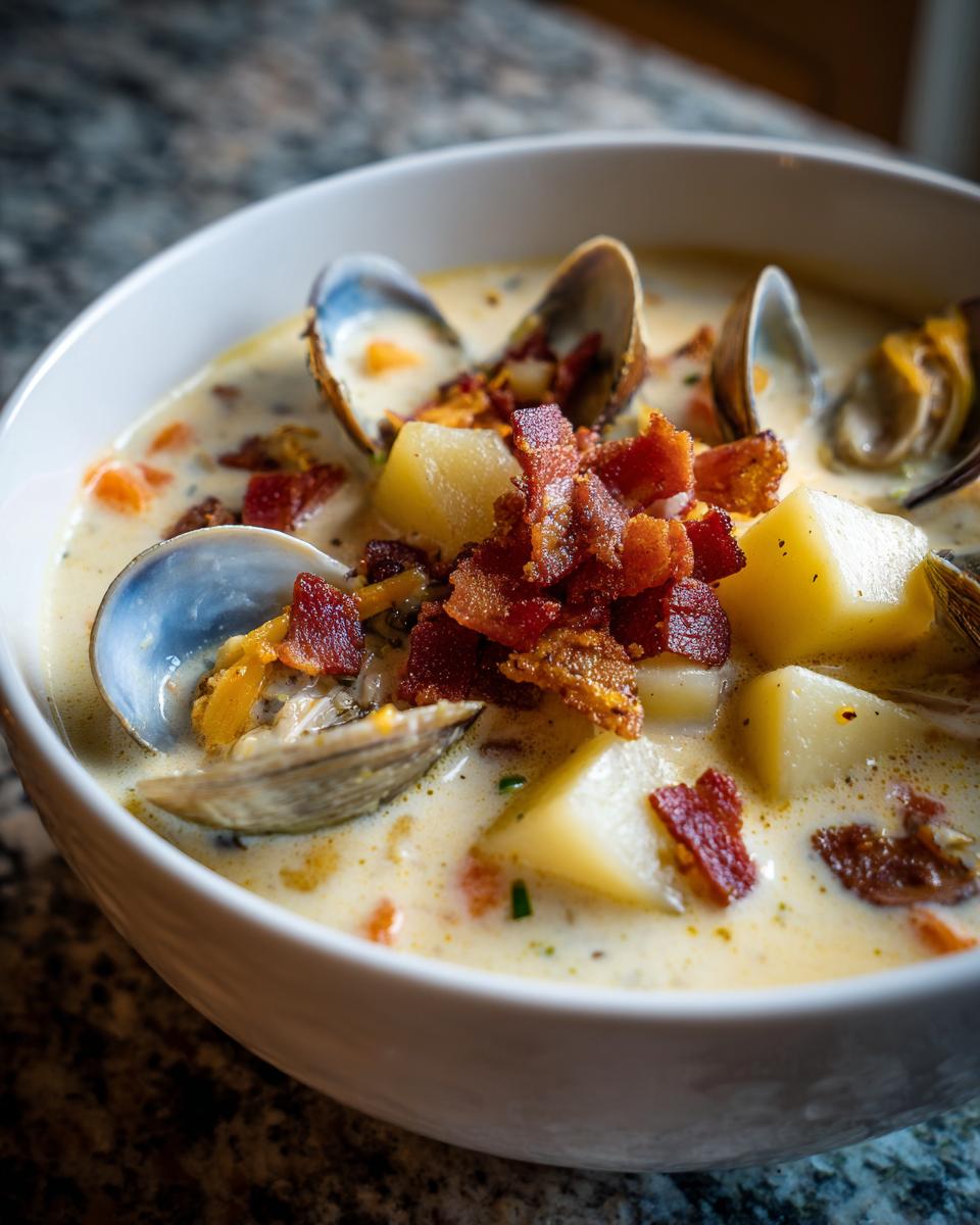 A close-up of a bowl of New England Clam Chowder, topped with crispy bacon, potatoes, and clams.