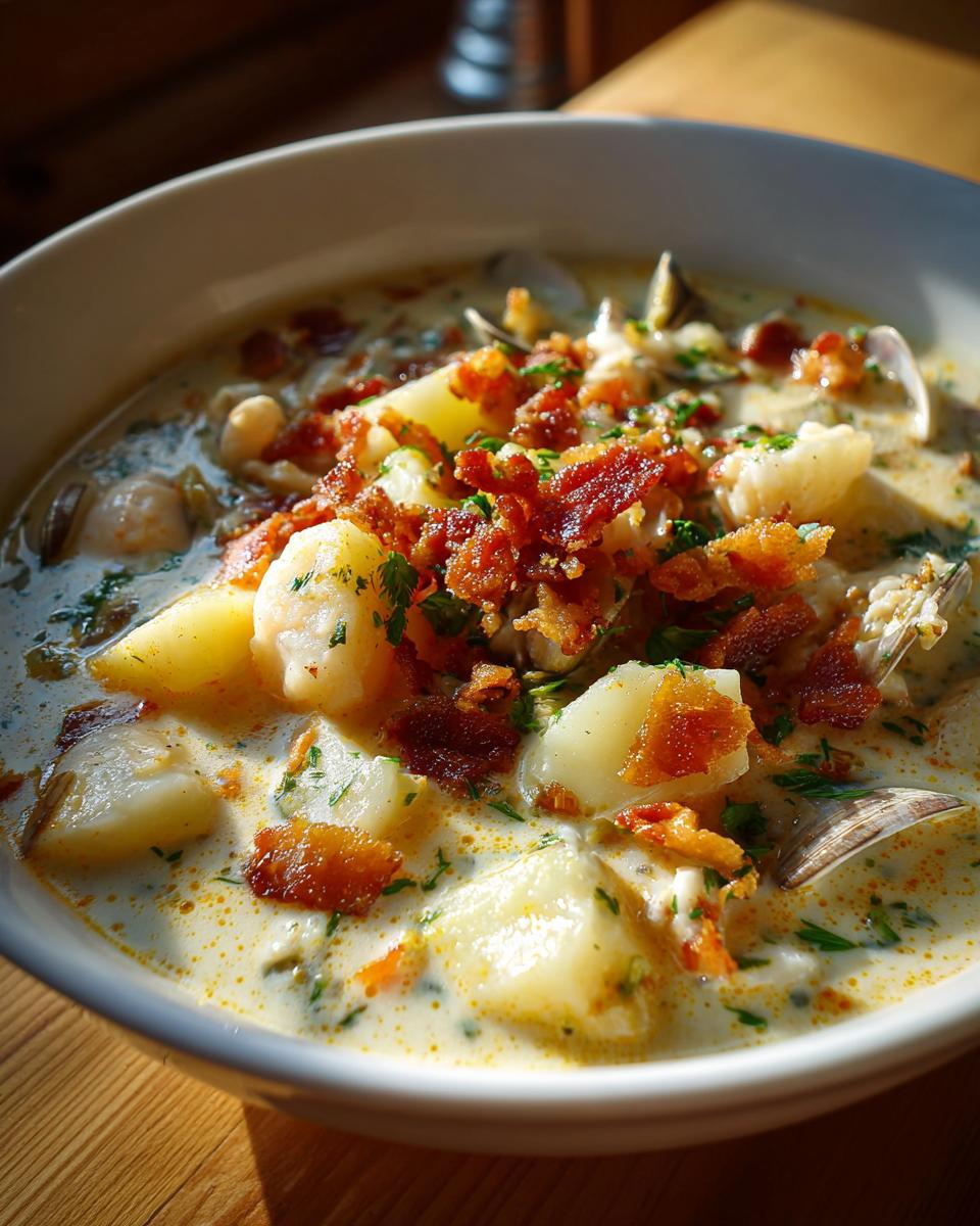 A close-up of a bowl of creamy New England clam chowder, topped with crispy bacon bits and fresh parsley.