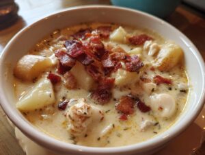 A close-up of a bowl of creamy New England Clam Chowder, topped with crispy bacon bits and chunks of potato.