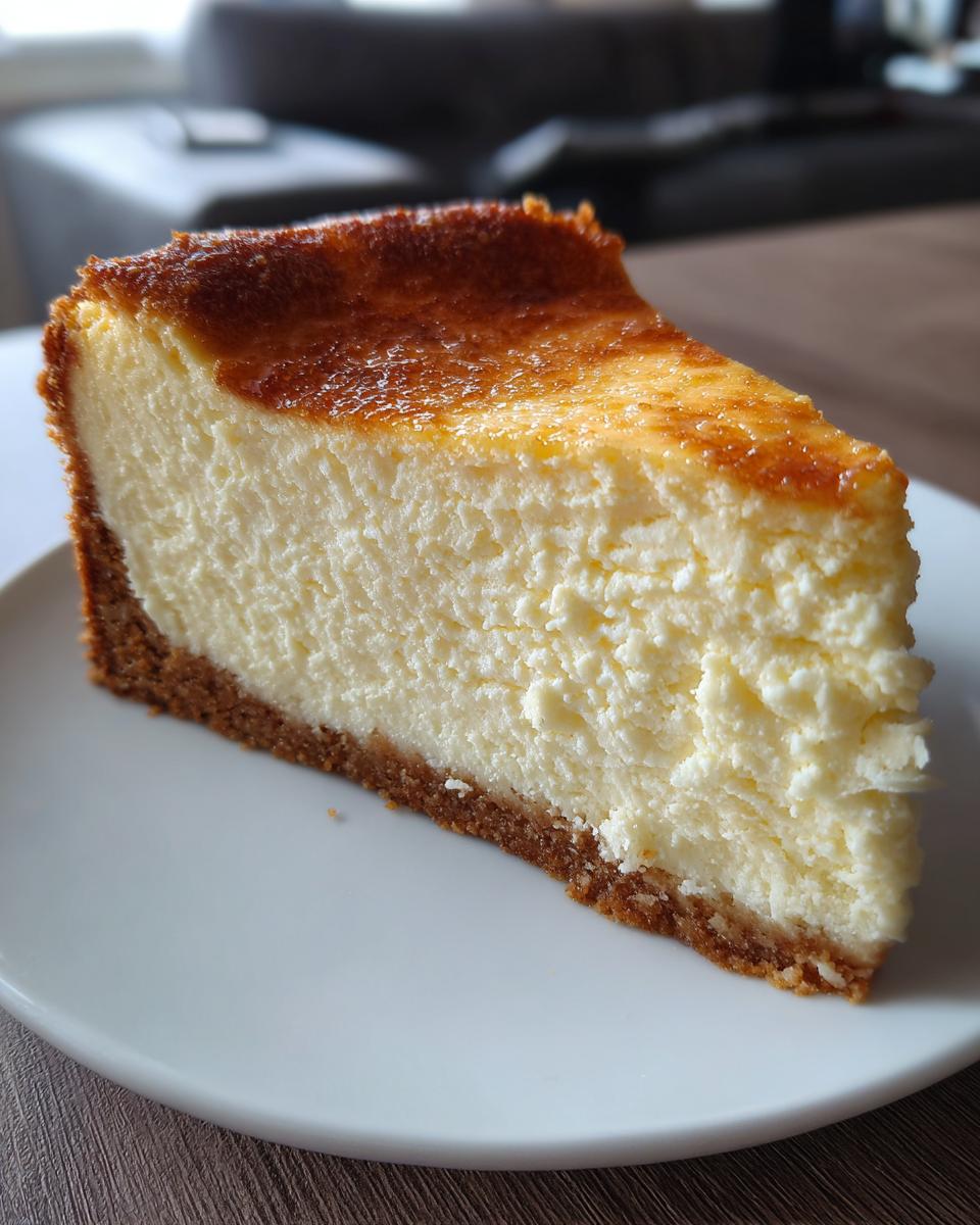 A thick slice of dense and creamy New York cheesecake on a white plate, showcasing its golden-brown crust and smooth filling.