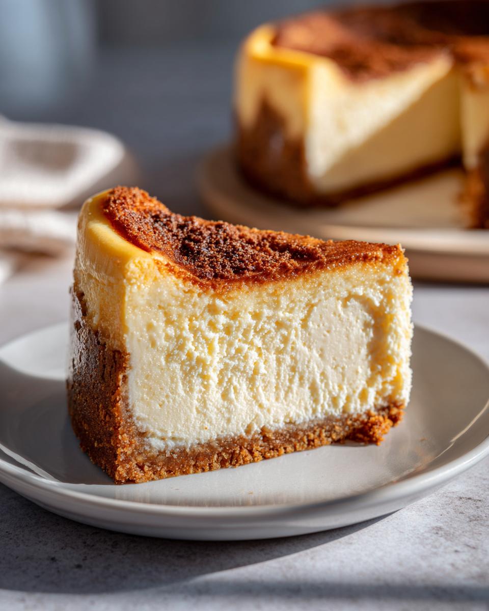A thick, dense, and creamy slice of New York cheesecake on a white plate, showcasing its graham cracker crust and rich filling.