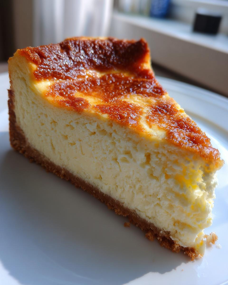 A perfect slice of dense and creamy New York cheesecake with a golden-brown crust and rich topping.