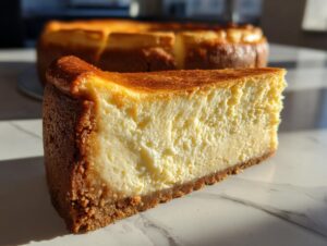A thick slice of dense and creamy New York cheesecake with a golden-brown crust.