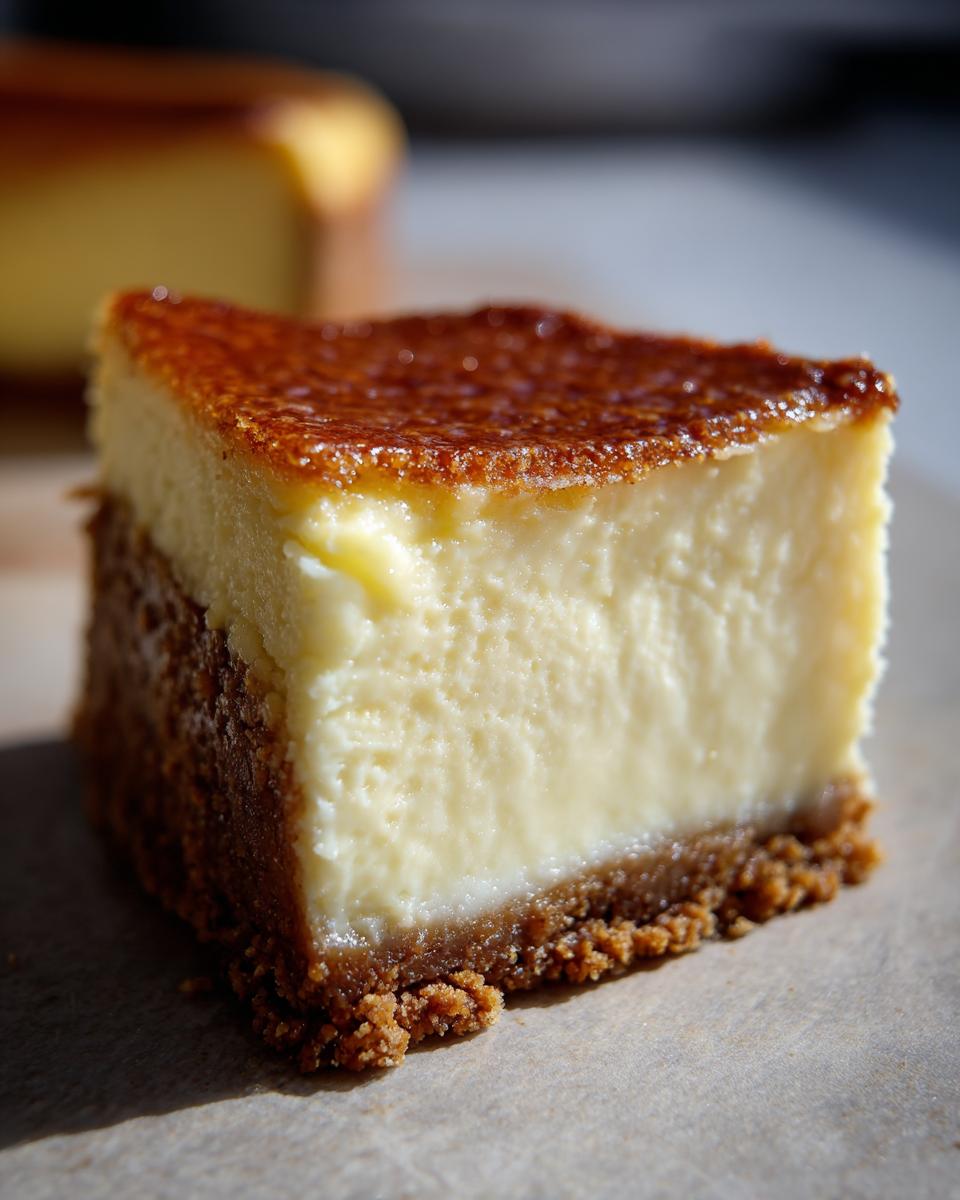 Close-up of a dense and creamy New York cheesecake slice with a graham cracker crust and caramelized top.