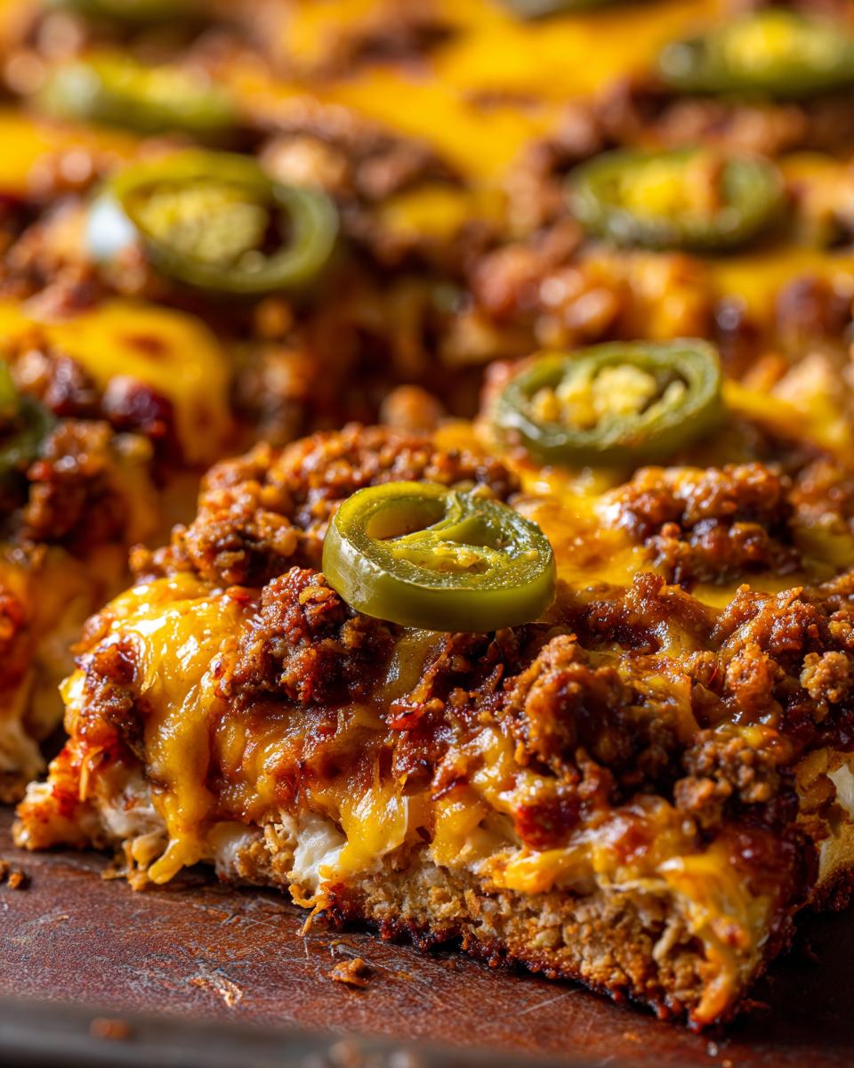 A close-up of a slice of one-pan nachos, featuring melted cheese, seasoned ground meat, and sliced jalapenos.