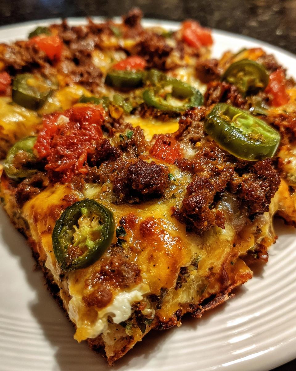 A close-up of a slice of cheesy, loaded nachos with ground beef, jalapeños, and tomatoes.