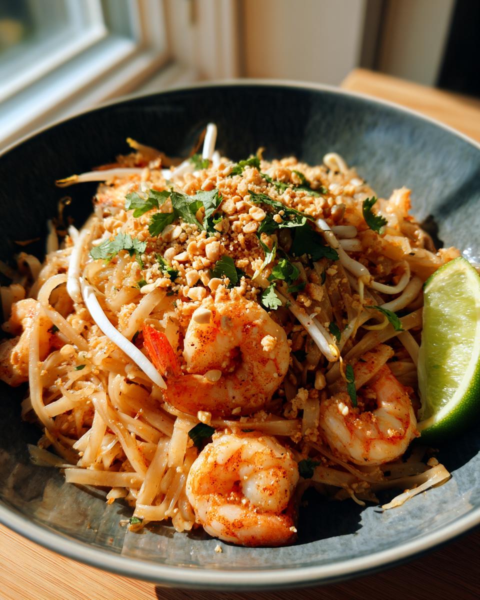 A close-up of a bowl of Pad Thai with shrimp, bean sprouts, crushed peanuts, cilantro, and a lime wedge.
