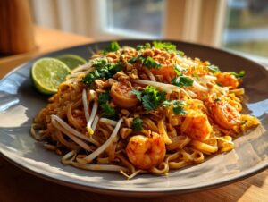 A close-up of a plate of Pad Thai noodles with shrimp, bean sprouts, peanuts, cilantro, and lime wedges.