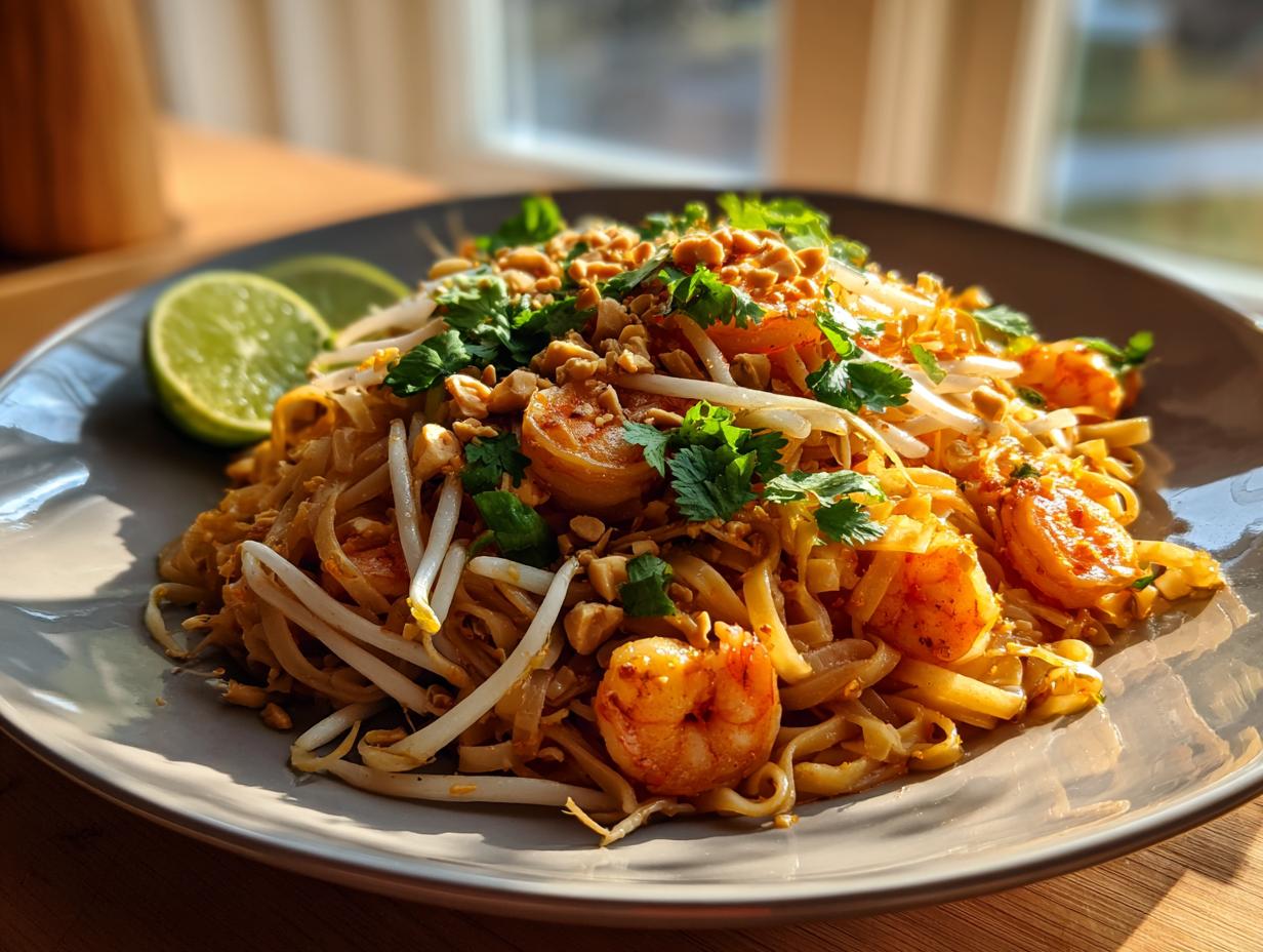 A close-up of a plate of Pad Thai noodles with shrimp, bean sprouts, peanuts, cilantro, and lime wedges.