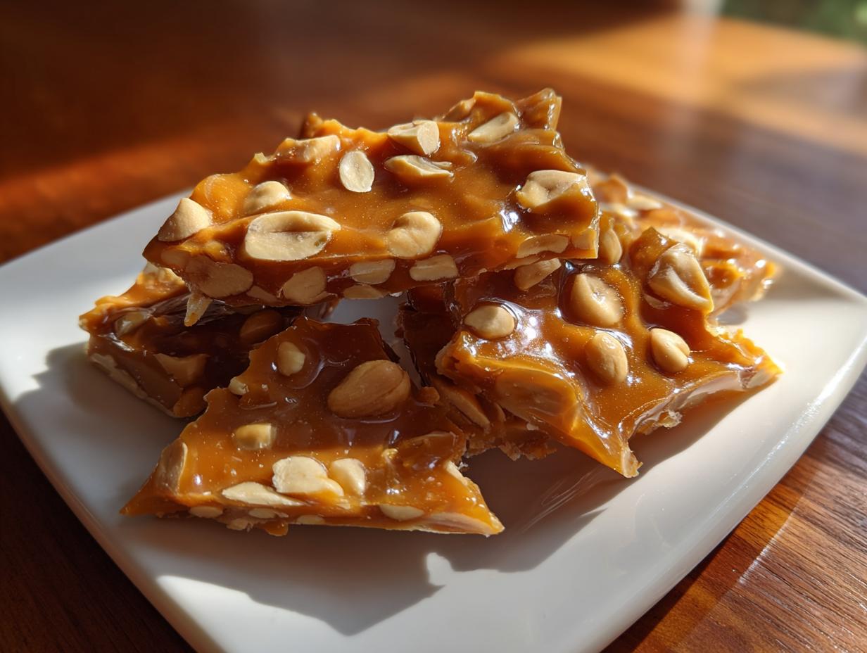 Close-up of crunchy peanut brittle pieces, perfect for topping hot chocolate.