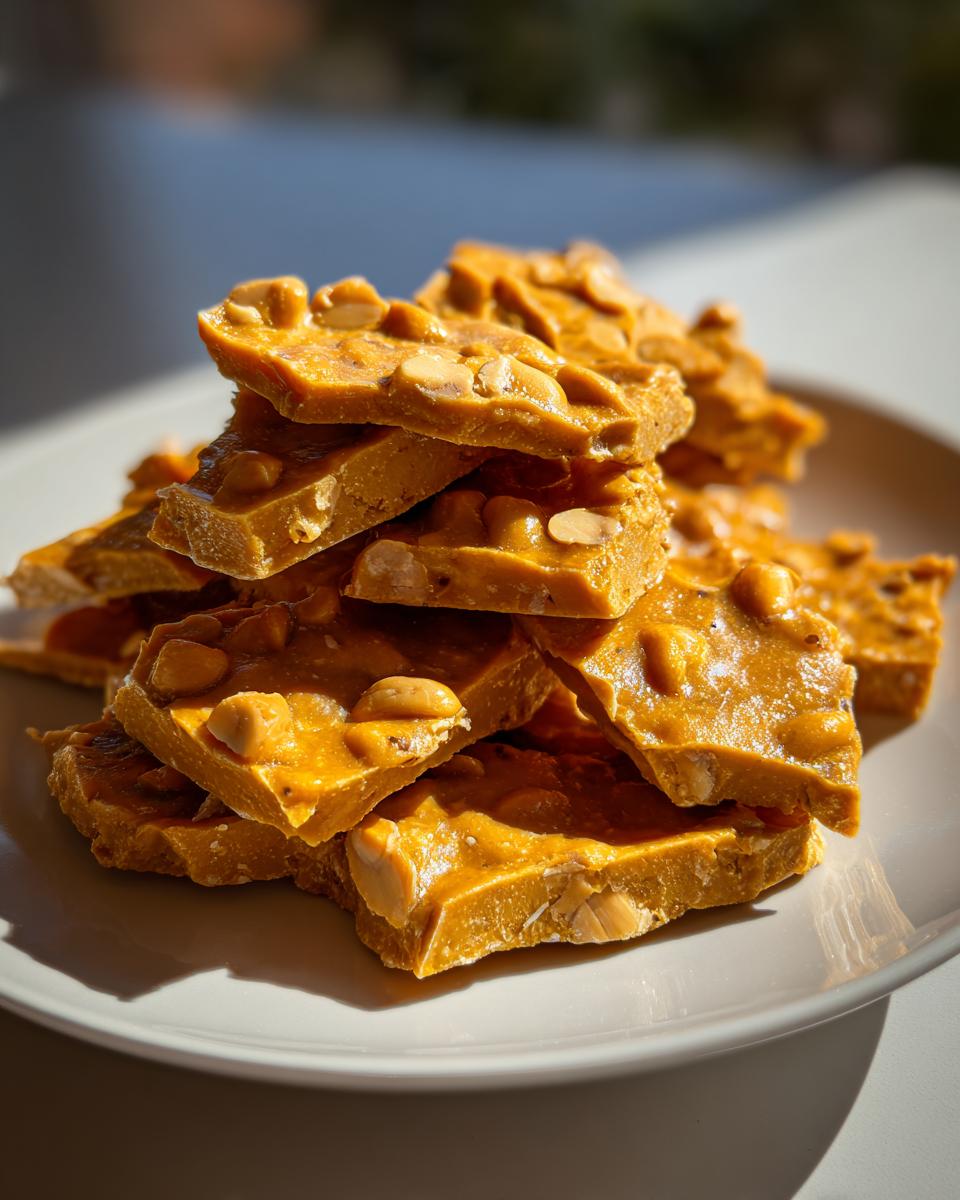 A close-up of a stack of golden-brown peanut brittle pieces, showcasing the crunchy texture and embedded peanuts.