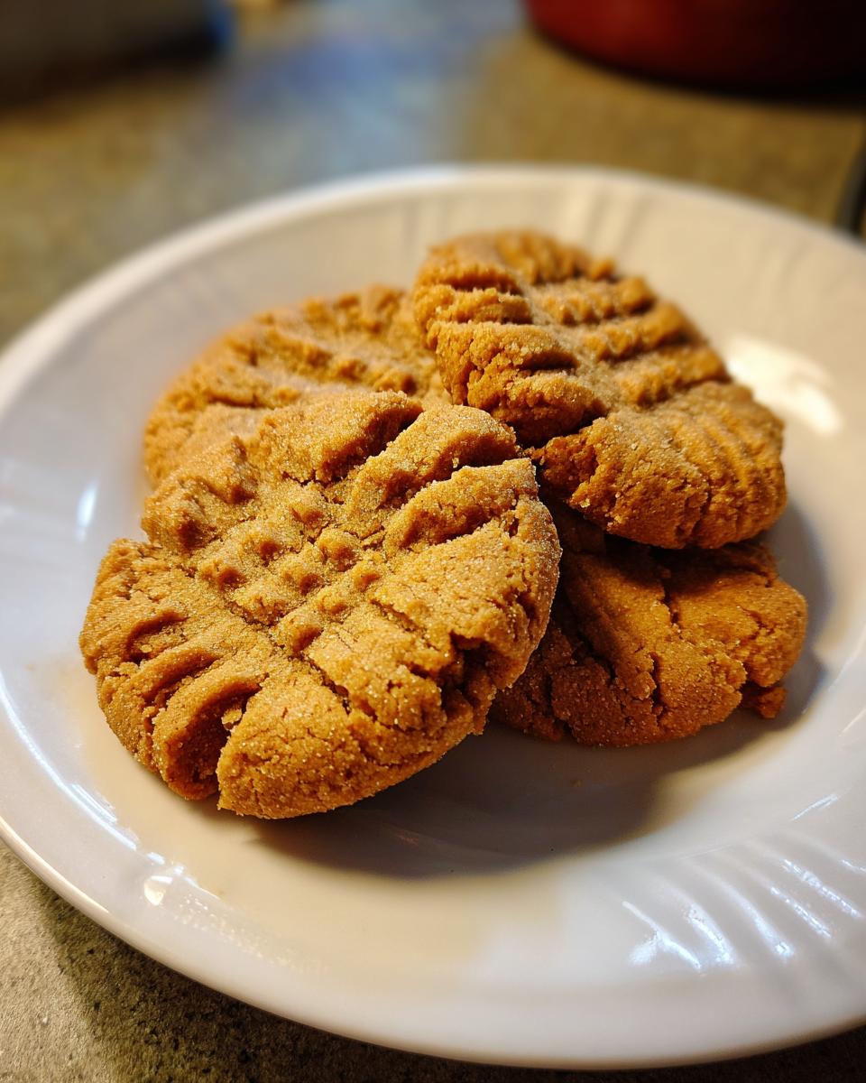 A close-up of four delicious peanut butter cookies with classic fork marks, arranged on a white plate.