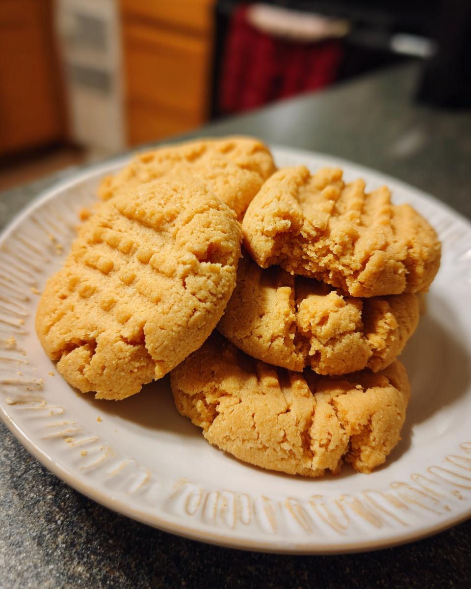 A close-up of several classic peanut butter cookies with fork marks on a white plate.