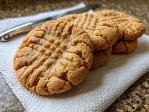 A close-up of classic peanut butter cookies with fork marks, stacked on a white napkin.