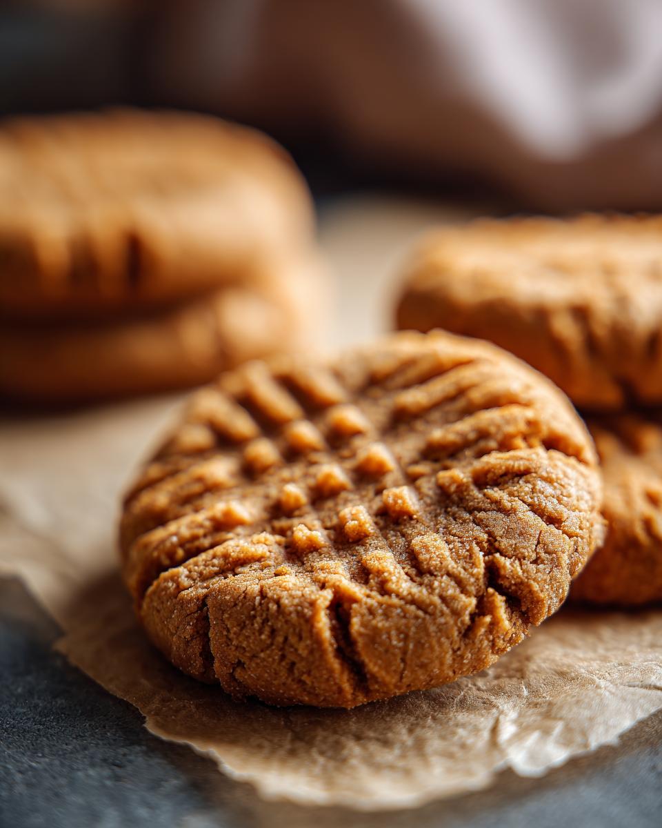 Close-up of a classic peanut butter cookie with fork marks on parchment paper, showcasing its texture.