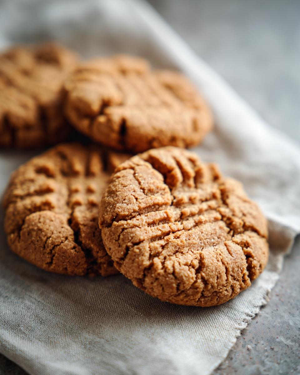 Close-up of delicious peanut butter cookies with fork marks on a linen cloth.