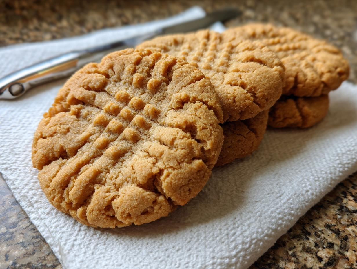 A close-up of classic peanut butter cookies with fork marks, stacked on a white napkin.