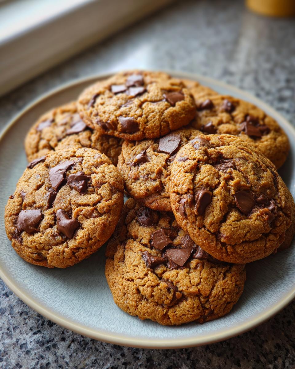 A close-up of a pile of freshly baked chocolate chip cookies on a light blue plate.