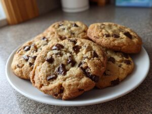 A close-up of several perfect chocolate chip cookies piled on a white plate, showcasing rich chocolate chunks.