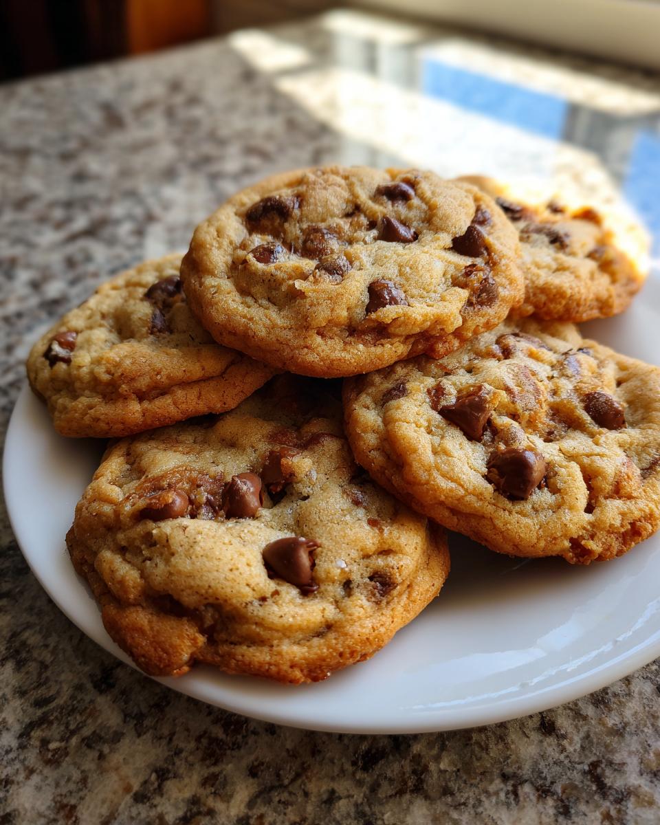 A close-up of a stack of perfect chocolate chip cookies on a white plate, showcasing melted chocolate chips.