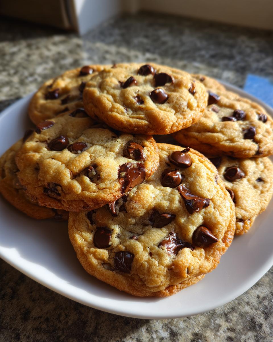 A close-up shot of a stack of perfect chocolate chip cookies on a white plate, showcasing melted chocolate chips.