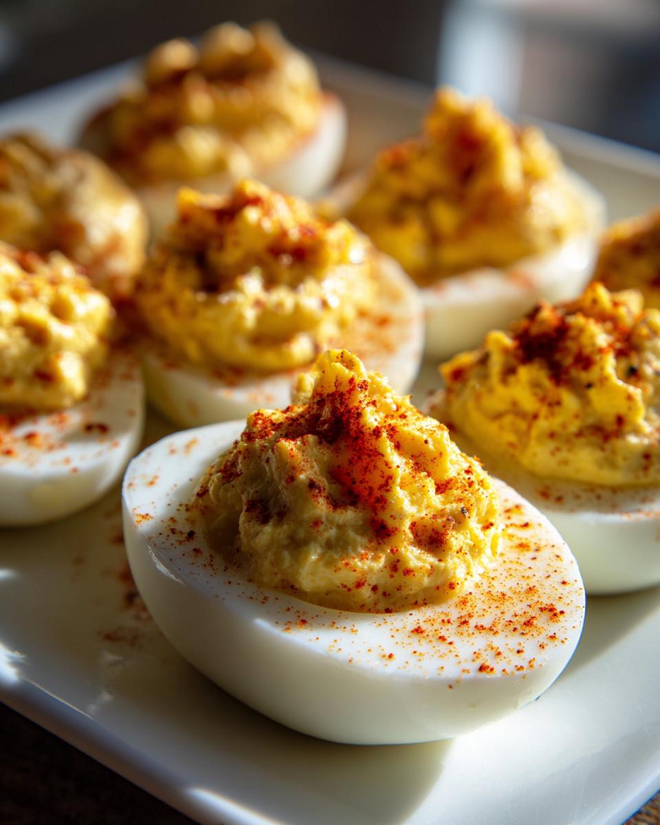 A close-up of creamy deviled eggs sprinkled with paprika on a white platter.