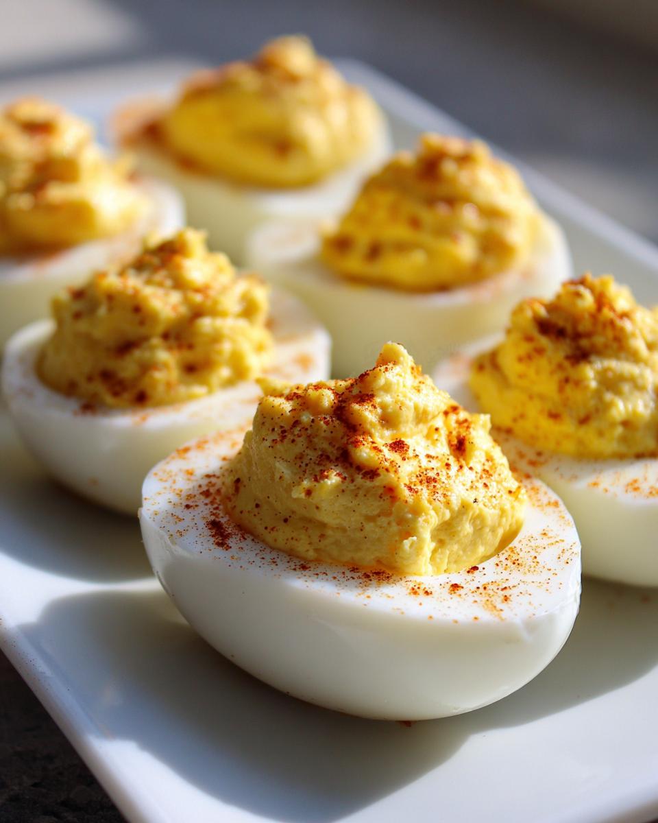 A close-up of creamy deviled eggs, generously filled and sprinkled with paprika.