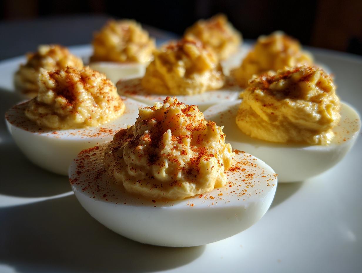Close-up of creamy deviled eggs sprinkled with paprika on a white plate.