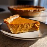 A close-up of a slice of perfect pumpkin pie on a plate, with a whole pie in the background.