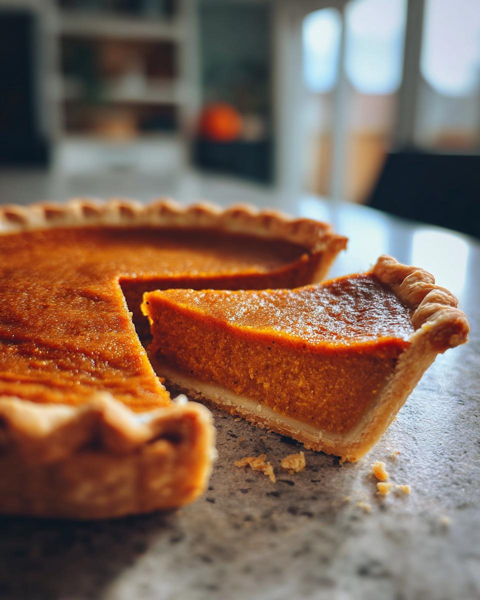 A close-up of a slice of perfect pumpkin pie, showcasing its silky smooth texture and flaky golden crust.