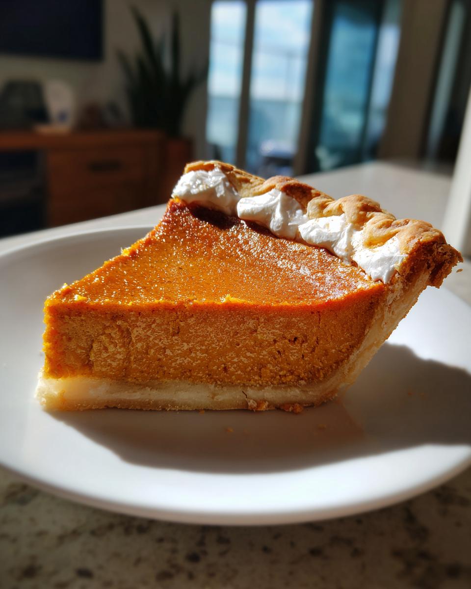 A slice of perfect pumpkin pie with a flaky crust and topped with whipped cream, ready to be enjoyed.