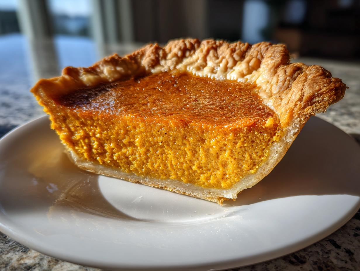 A close-up of a perfectly baked slice of pumpkin pie with a golden crust and rich orange filling, served on a white plate.