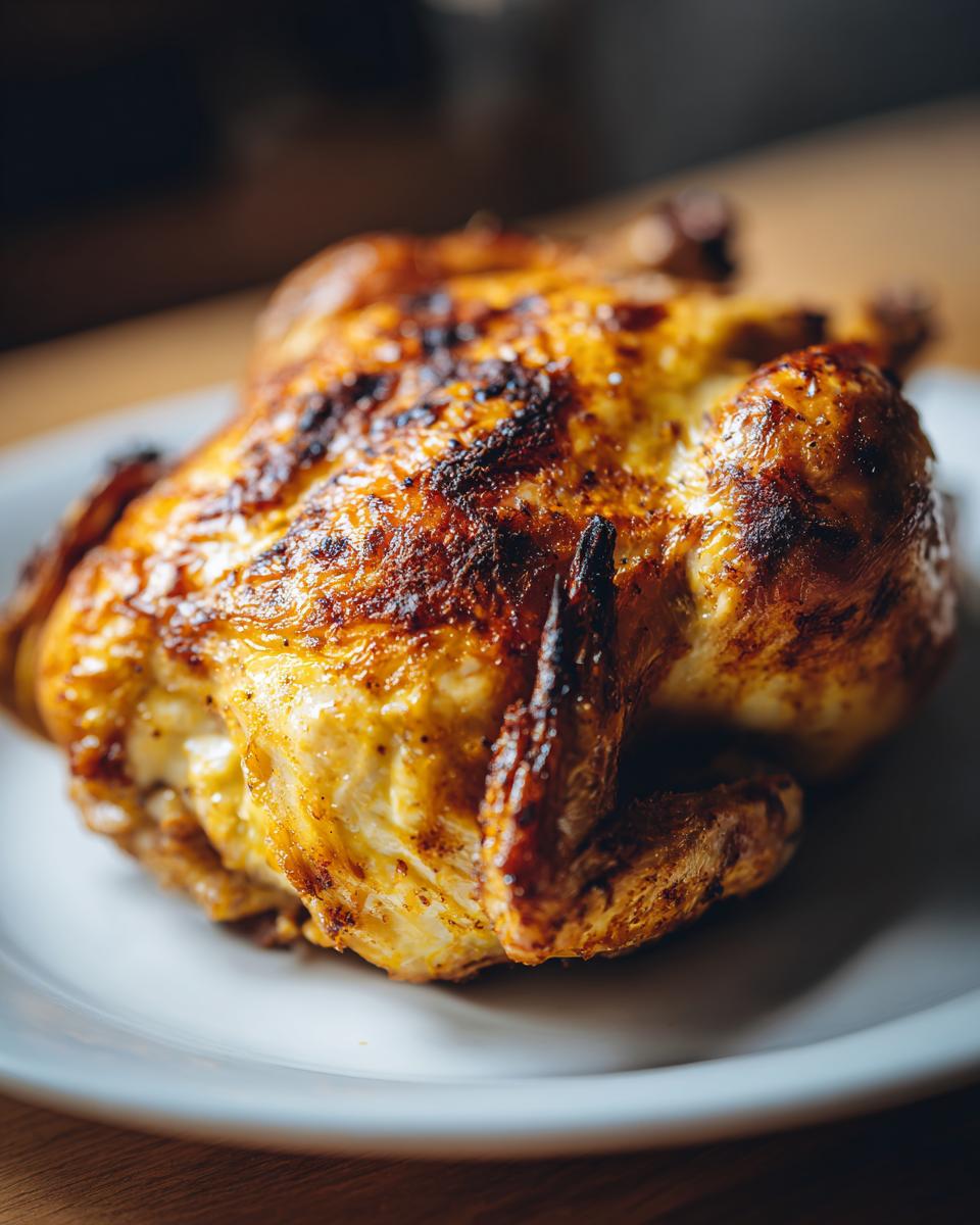 A perfectly roasted chicken with crispy, golden-brown skin, presented on a white plate.