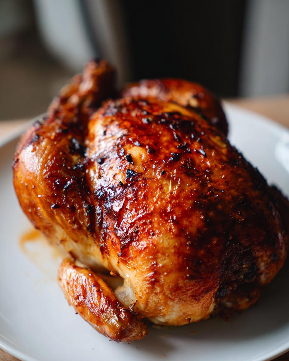 A perfectly roasted chicken, golden brown and glistening, served on a white plate.