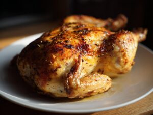 A perfectly roasted chicken, golden brown and glistening, seasoned with herbs, on a white plate.