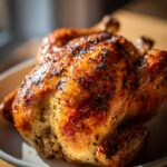 A perfectly cooked, golden-brown roast chicken with crispy skin and herbs, presented on a white plate.